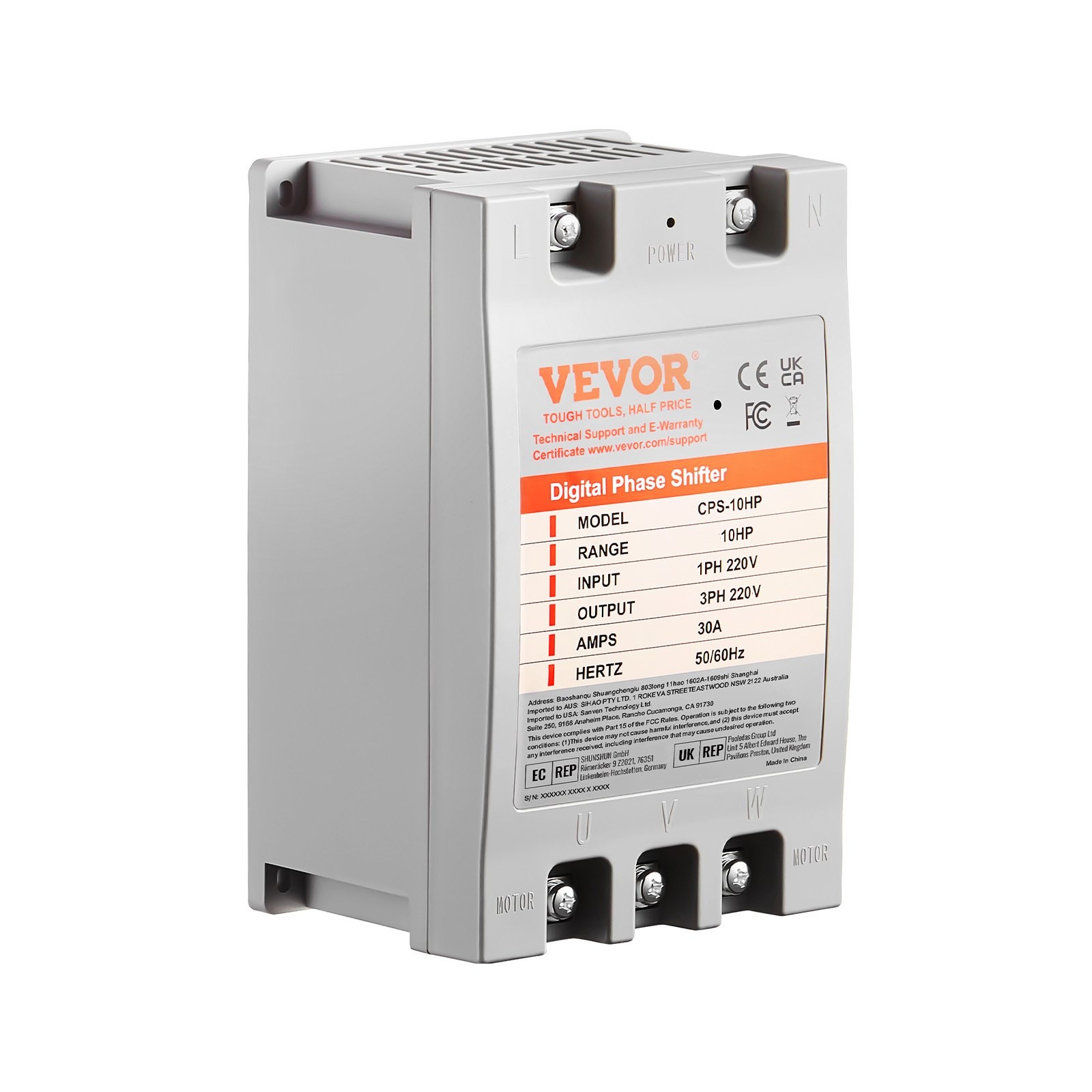 VEVOR 3 Phase Converter - 10HP 30A 220V Single Phase to 3 Phase Converter, Digit