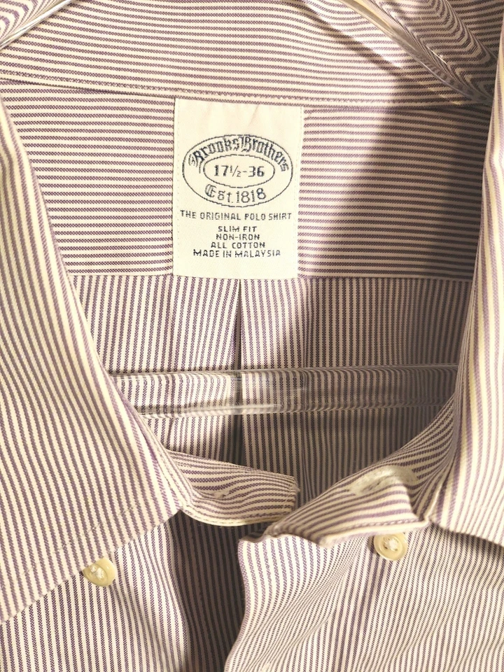 Brooks Brothers Shirt Mens 17-36 Striped Purple Button Up Polo Business - Image 2 of 4