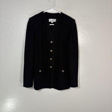 St. John Collection Blazer Jacket Womens 6 Black Wool Collarless Gold Buttons