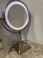 Used Conair Brushed Silver Lighted Tabletop Make-up Mirror Round Metal Frame