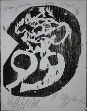 Hartwig Ebersbach Neujahrsgrafik Kaspar zeitgenössisch signiert Holzschnitt 1998