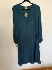 Haute Hippie Silk Dress Teal Long Sleeve Lace Up Sleeve Shift Sz L NWT