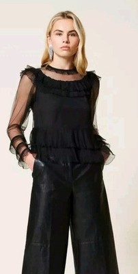 Twinset Black Pleated Flounce Tulle Blouse, Size US S