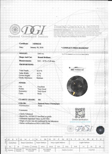 Loose Round Cut Diamond Fancy Champagne Color 2.61 Carat Enhanced SI1 Certified - Picture 3 of 9