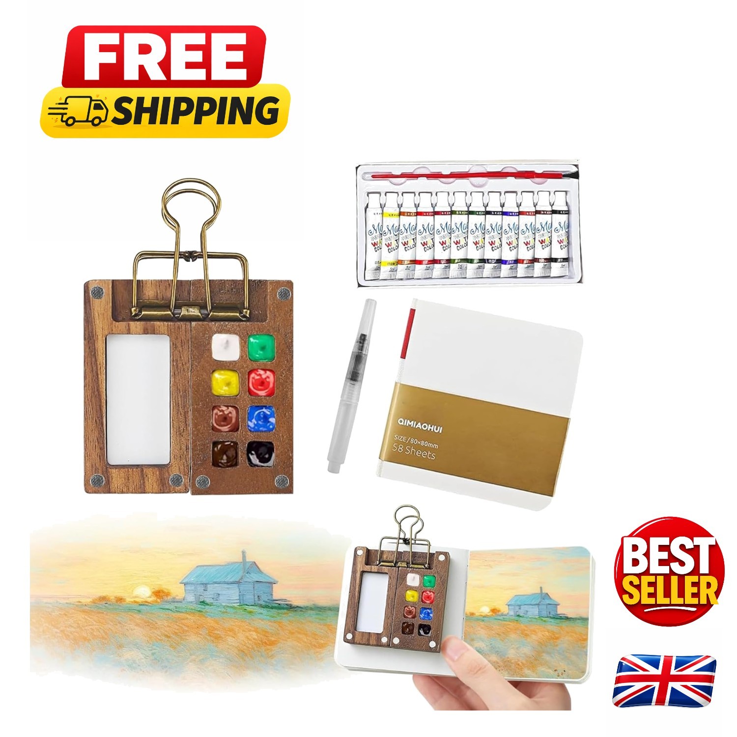 Elegant 8-Grids Wooden Painting Palette and Brush Set for Creative Journeys
