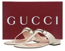NEW GUCCI LUXURY LEATHER IVORY INTERLOCKING THONG FLAT SANDALS SHOES 37.5/US 7.5