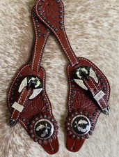 Mens Tooled Top Grain Leather Western PAIR Spur Straps Engraved Hardware