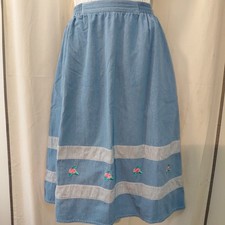 Vintage 90's Embroidered Striped Trim Demin Cottagecore Midi Skirt Cotton 16