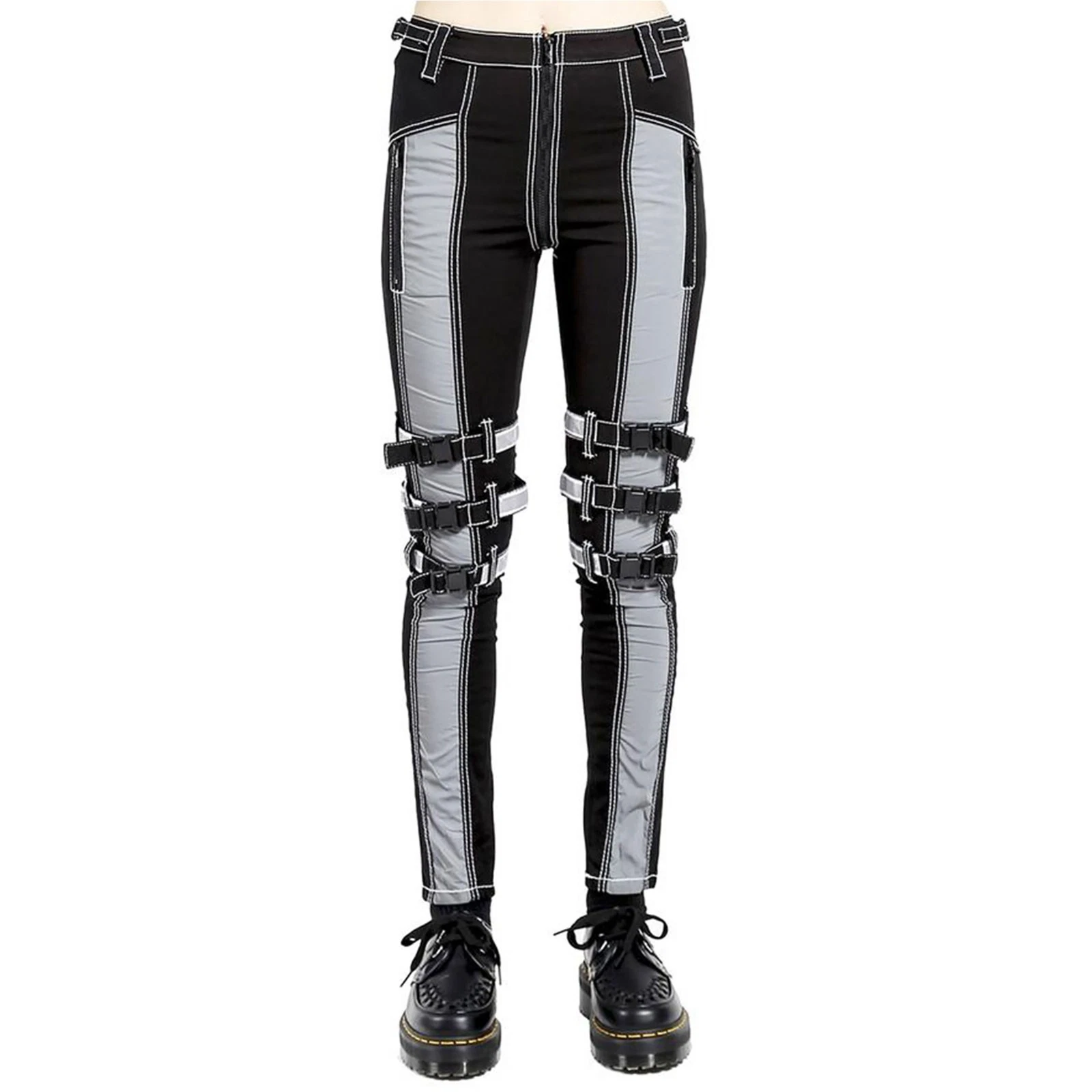 Puritues Gothic Punk Bondage Pants Black Gray Straps Buckle Skinny Trousers