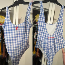Playboy Logo Gingham One-Piece Swimsuit Womens XL Blue/White 100% Polyester