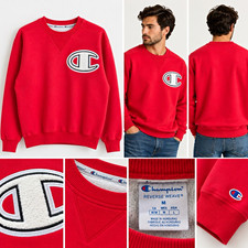 Champion Reverse Weave Men's Crewneck Fleece Sweatshirt Logo Red Size M