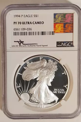 1994 P PROOF SILVER EAGLE NGC PF70 ULTRA CAMEO JOHN MERCANTI SIGNED ART LABEL