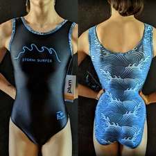 NWT Plum Practicewear Gymnastics Leotard Flip-side Blue Printed Scrunchie Sz CM