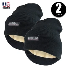 2 Pack Mens Winter Thermal Fleece Lined Insulated Knit Beanie Hat Cuff Cap Black