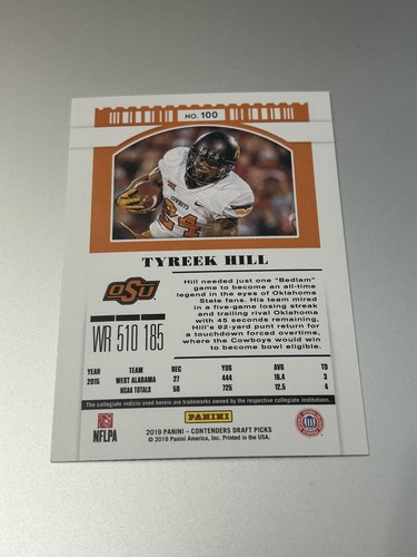 2019 Contenders Draft Picks Tyreek Hill #100 Season Ticket Oklahoma State - Picture 2 of 2