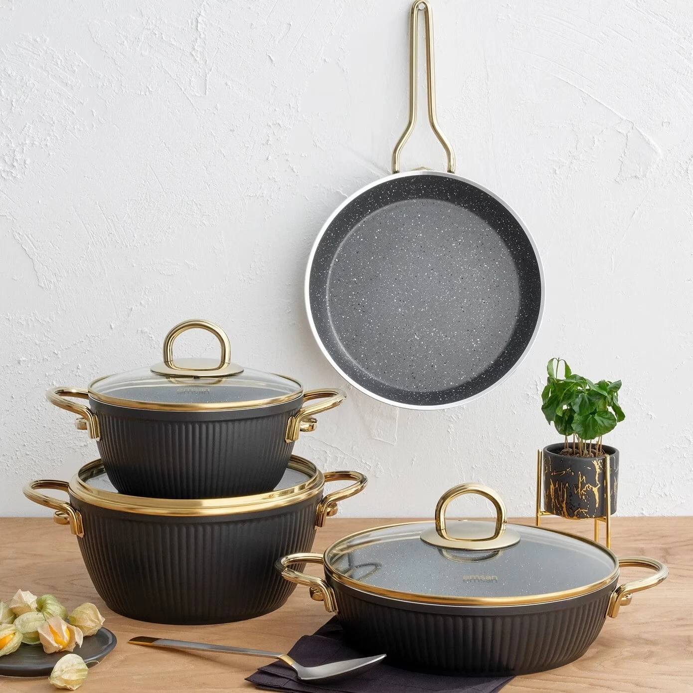 Elegant 7-Piece Granite Cookware Set in Rose Gold - Black Gold Non-Stick Pots