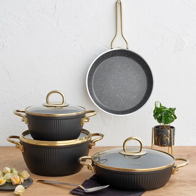 Elegant 7-Piece Granite Cookware Set in Rose Gold - Black Gold Non-Stick Pots 