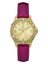 G BY GUESS GOLD TONE,CRYSTALS,MAGENTA WINE PATENT LEATHER BAND WATCH G74050L1