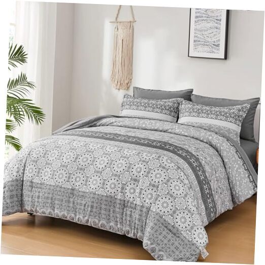 Boho Comforter Set Queen, Bohemian Floral Bedding Set Bed Queen 90“×90” Grey