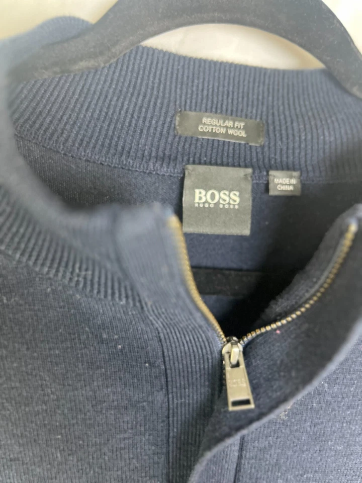 Suéter Hugo Boss 1/4 Cremallera Para Hombre Azul Marino Algodón Lana Pullover Cuello Acanalado Ajuste L Foto 2 de 4