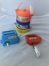 1980s KIDDY-MATIC Hand Mixer Pots pan Toaster CHILTON-GLOBE Play Kitchen Toys 3p