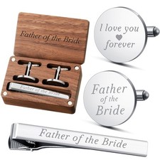 Father of the Bride Groom Cufflinks Tie Clip Set with Engraved Wood Box
