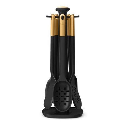  6-Piece Silicone Kitchen Utensil Tool Set with Rotating Rack, Black Sesame  