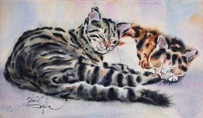 Peinture originale aquarelle chats tabby - art mural chat endormi, 11 x 19 po - Photo 1/4