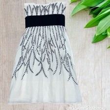 Ann Taylor Dress Womens 0 White Black Floral Leaves Linen Silk Blend Strapless