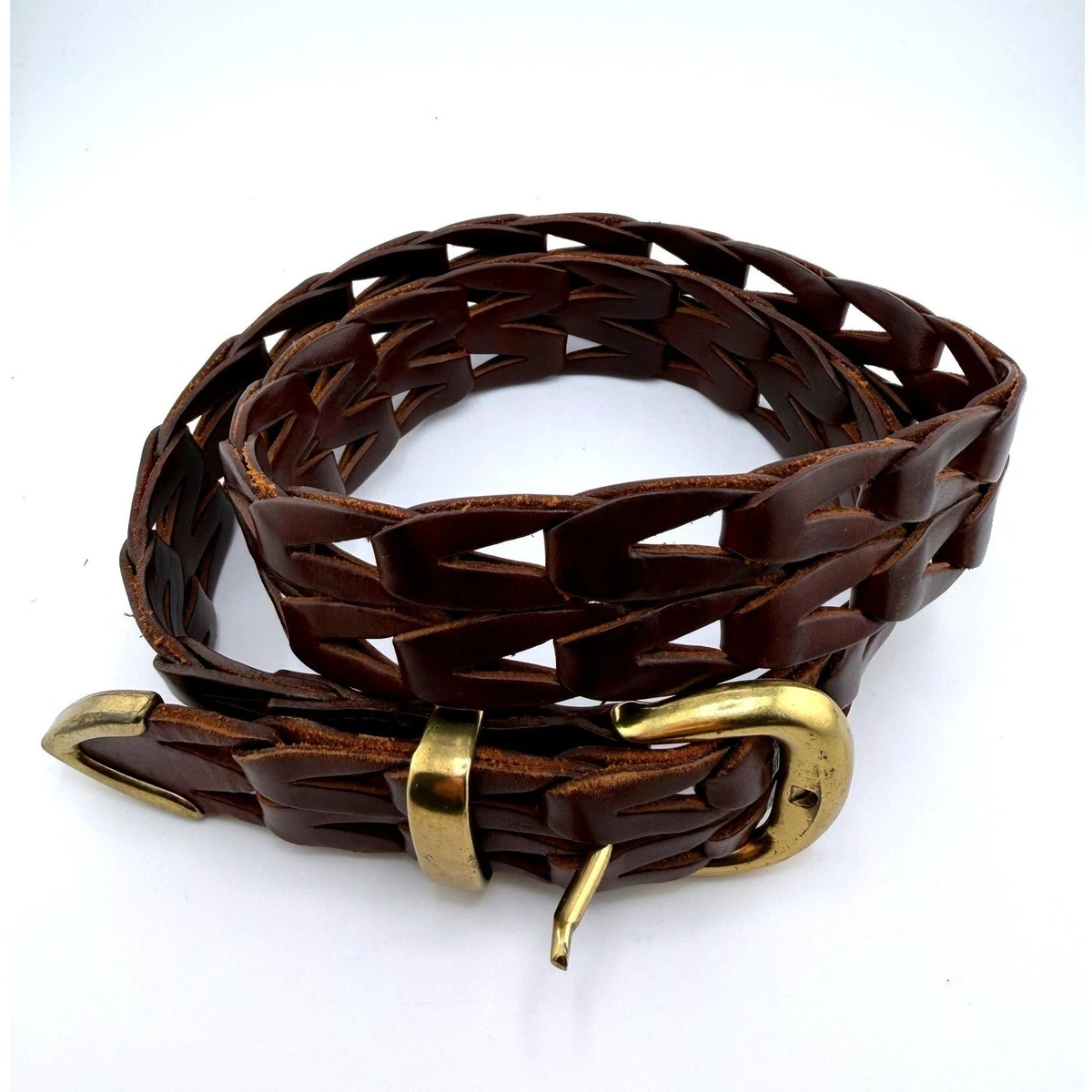 Vintage Bronze Tone Buckle Italian Leather Braid Tweed Belt 36.25\