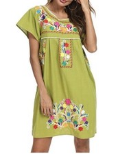 YZXDORWJ Mexican Boho Peasant Dress XL Green Embroidered Fiesta Festival Party