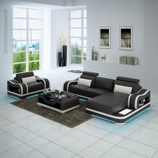 Ledersofa Couch Wohnlandschaft Ecksofa+Sessel  Eck Garnitur Modern Sofa + USB