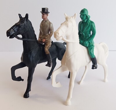 Bergen Toy Co. 1950s Lot Fox Hunting Grey Man, Female and 2 Horses Vintage USA