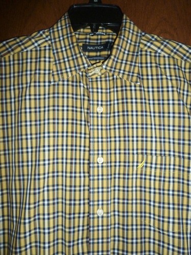 NAUTICA - YELOW & NAVY PLAID SHORT SLEEVE WRINKLE-RESISTANT SHIRT - MENS L - Picture 2 of 2