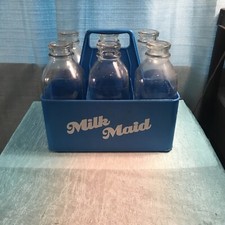 Vintage Milk Maid Blue Plastic Milk Bottle Carrier w Six 1 Liter Milk Bottles
