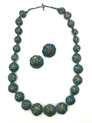 Parure Collier Et Boucles D'oreilles Perles Turquoise Inde - Neuf Sans Emballage