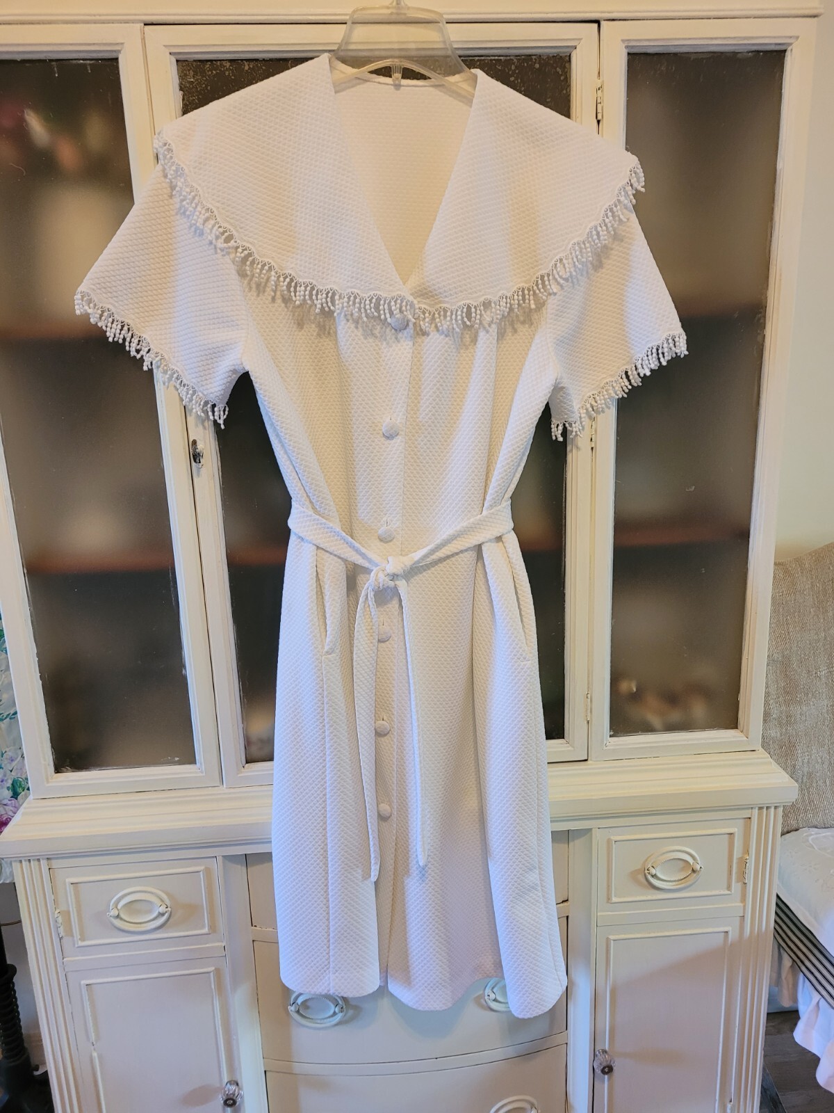 Vintage White Robe Housedress with belt, fringed … - image 1