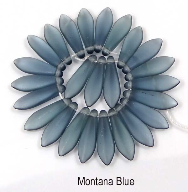 25 Czech Frosted Sea Glass Dagger Beads – Montana Blue, 16x5mm Teardrop, Matte Finish