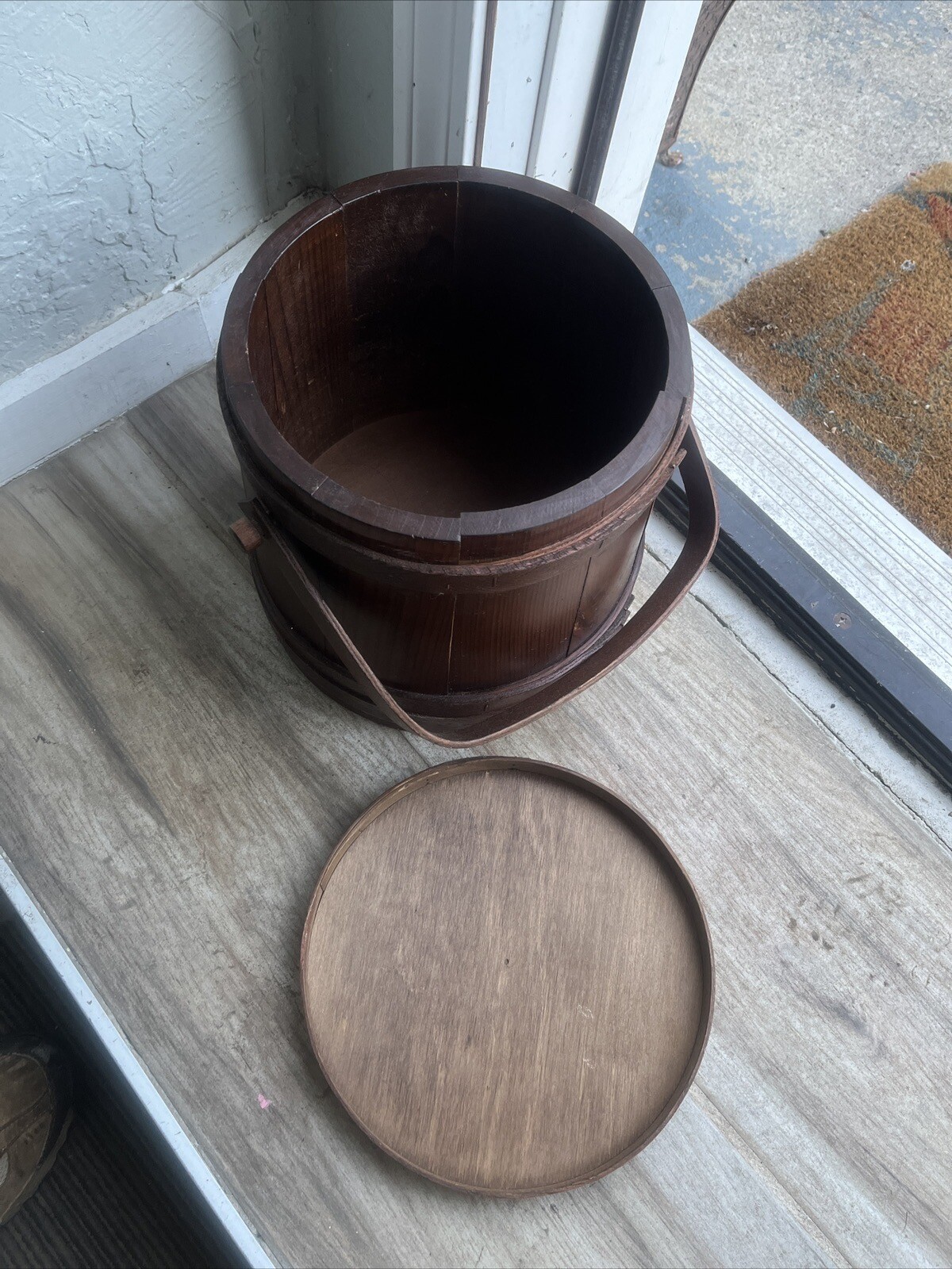 Vintage Wood Firkin Sugar Bucket Swing Handle & Lid Rustic Farmhouse