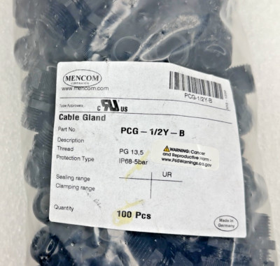 *Lot of 10* Mencom PCG-1/2Y-B Plastic Cable Glands Black IP68-5bar