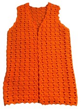 VTG 70's Handmade Chunky Crochet Vest Womens Boho Hippie Open Tie Front Orange