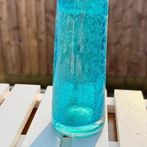 LEANING BLUE BUBBLE ART GLASS VASE CYLINDER SHAPE HAND BLOWN RETRO MODERN DECOR - Picture 3 of 5