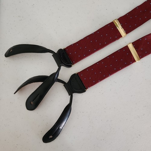 Jos A Bank Burgundy & Blue Dot Button Suspenders with Brass Adjusters - Picture 4 of 5