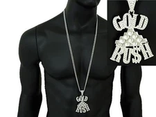 Hip Hop Stone Filled GOLD RUSH Pendant w/6mm 36" Cuban Chain Necklace