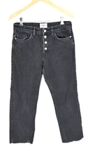 Zara Womens Jeans Black Straight Leg High Waist Exposed Buttons Frayed 38 UK 10