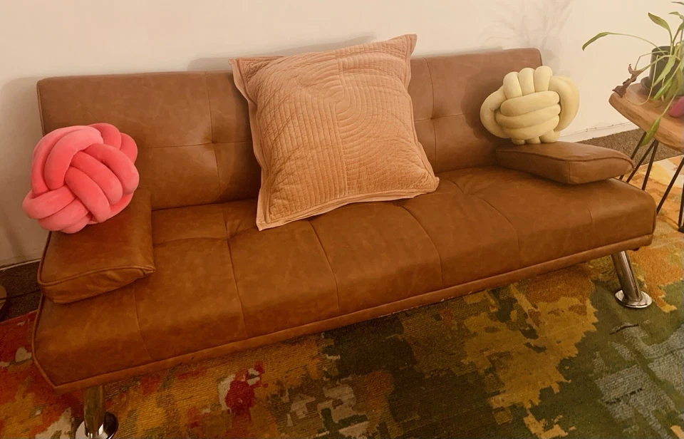 Brown Faux Leather Upholstered Modern Convertible Futon w/ Cupholders & Pillows - Image 2 of 4