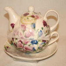 Stechcol Gracie Tea for One Teapot Cup Saucer Summer Multi Color Flowers New