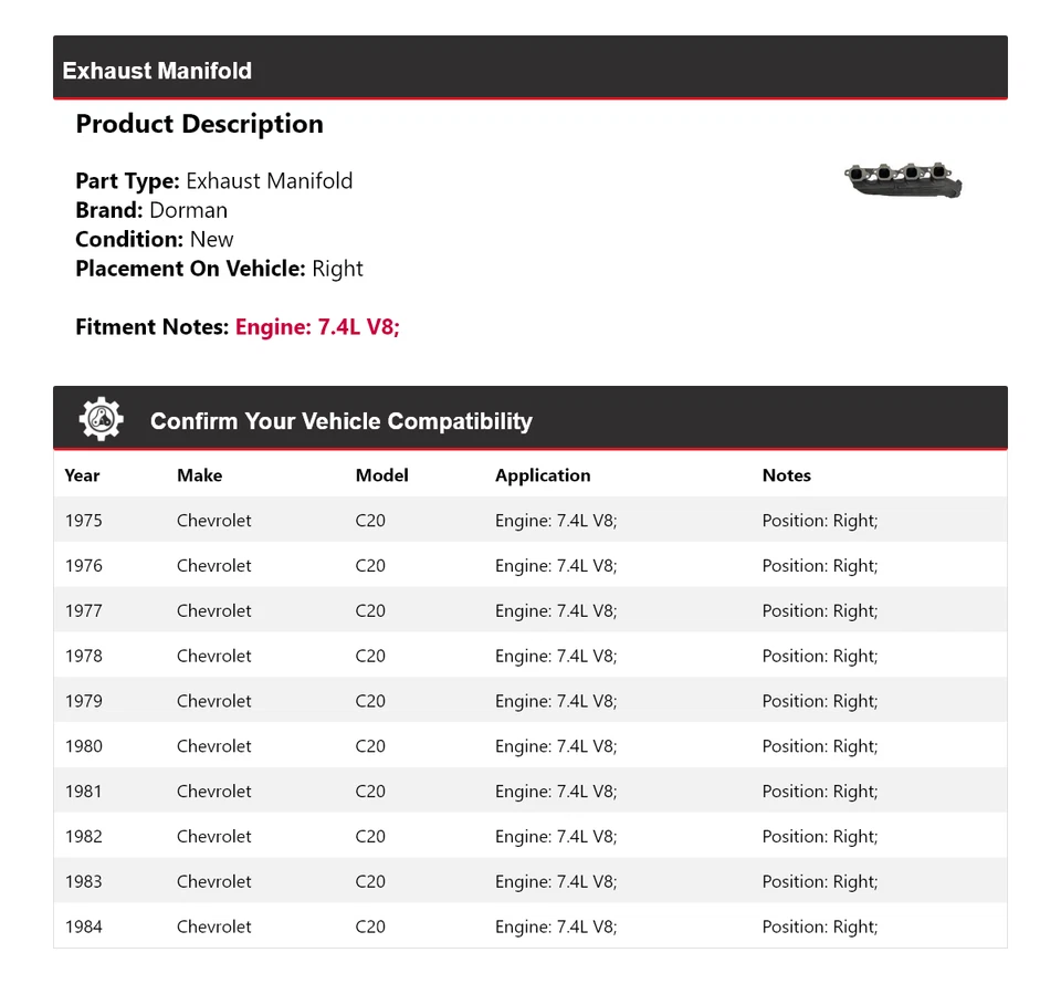 Colector de escape derecho para Chevrolet C20 1975-1984 7,4 L V8 Dorman 1976 1977 Foto 2 de 4