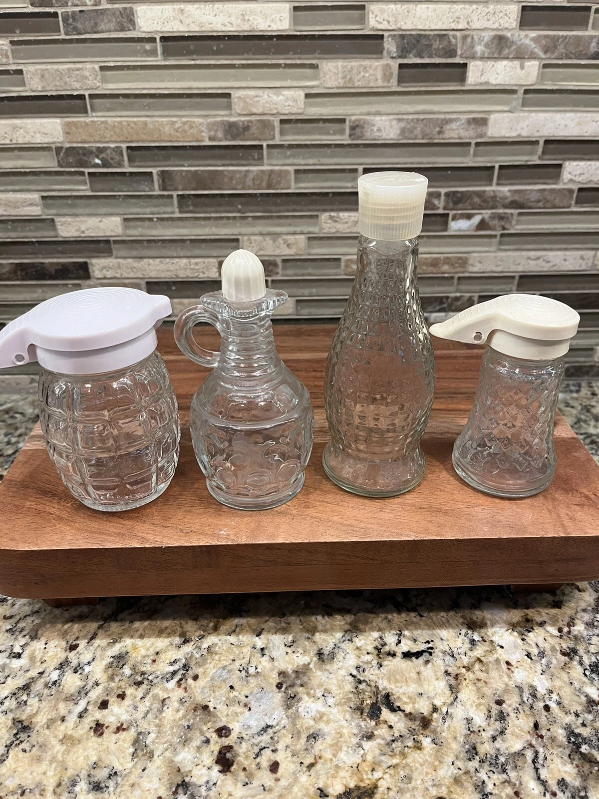 VTG Lot Of 4 Glass Bottle, Diamond Cut Kitchen Dispensaries- Sugar, Syrup, Oil