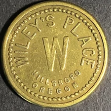 Wiley's Place -- Hillsboro Oregon G/F 5c Brass Trade Token "W" -  21mm